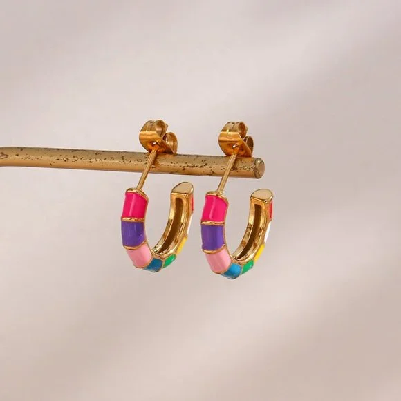 Multi Color Enamel Bamboo C Shape Hoop Huggie Earrings 18K Gold Plated Stainless - Picture 4 of 7